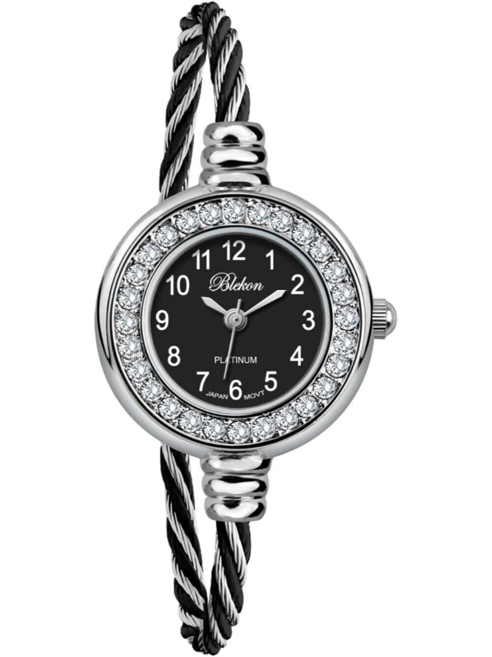 Women Silver And Black Analog Cable Cuff Arabic Number Rhinestone Bracelet Watch - Picture 6 of 7